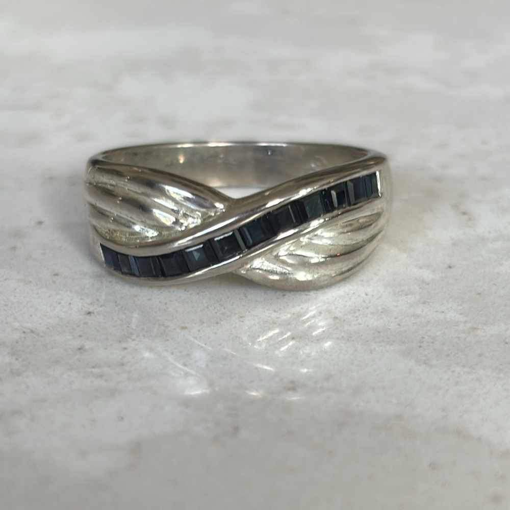 Sterling Silver Blue Sapphire Crossover Ring - Size 9